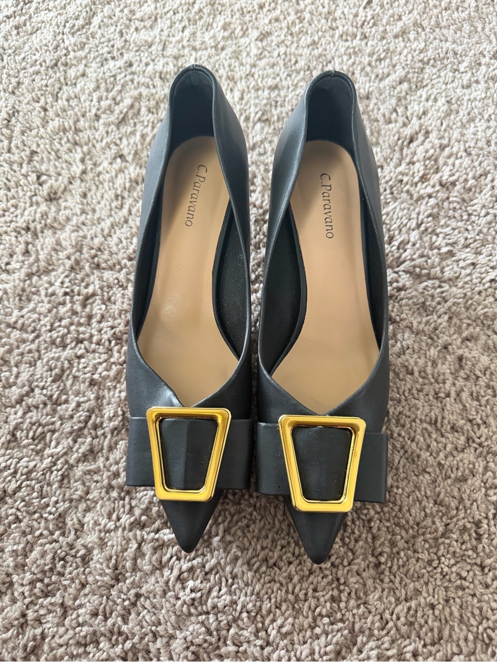 C. Paraviano Black Pointed Toe Heels with Gold Accent